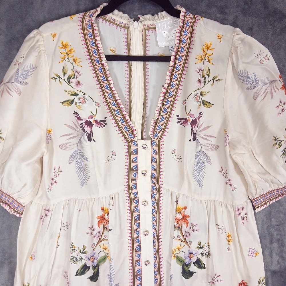 Johnny Was Jade Loren Mini Dress Womens M Willah Floral Bird Puff Sleeve NWT - Picture 9 of 15
